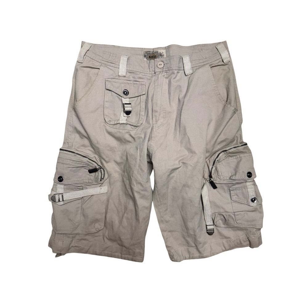Zeep Cargo Shorts Khaki Tan Cotton Multi Pocket Utility Men's Size 34 x 14.5